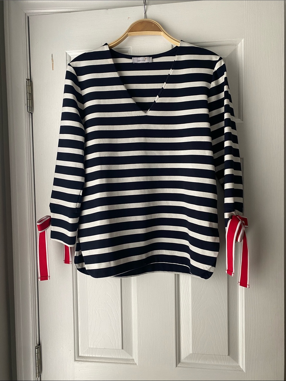Marks and Spencer Per Una Breton Navy White Striped Top Red Bow Cuffs US Small